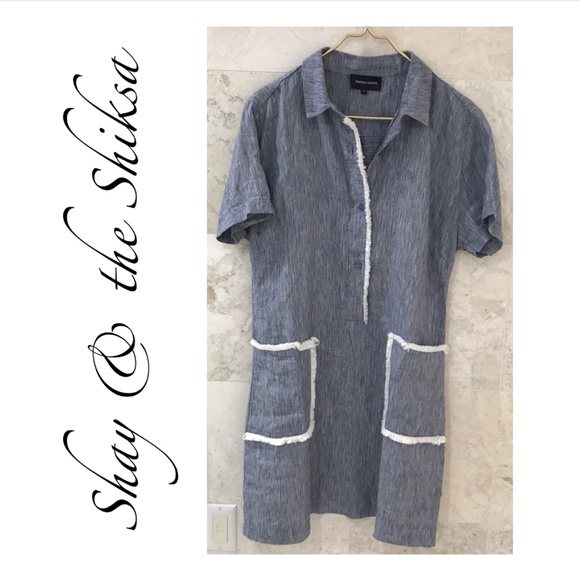 French Curve Dresses & Skirts - Linen Shirt Dress Denim Blue Fringe with Pockets in Medium
